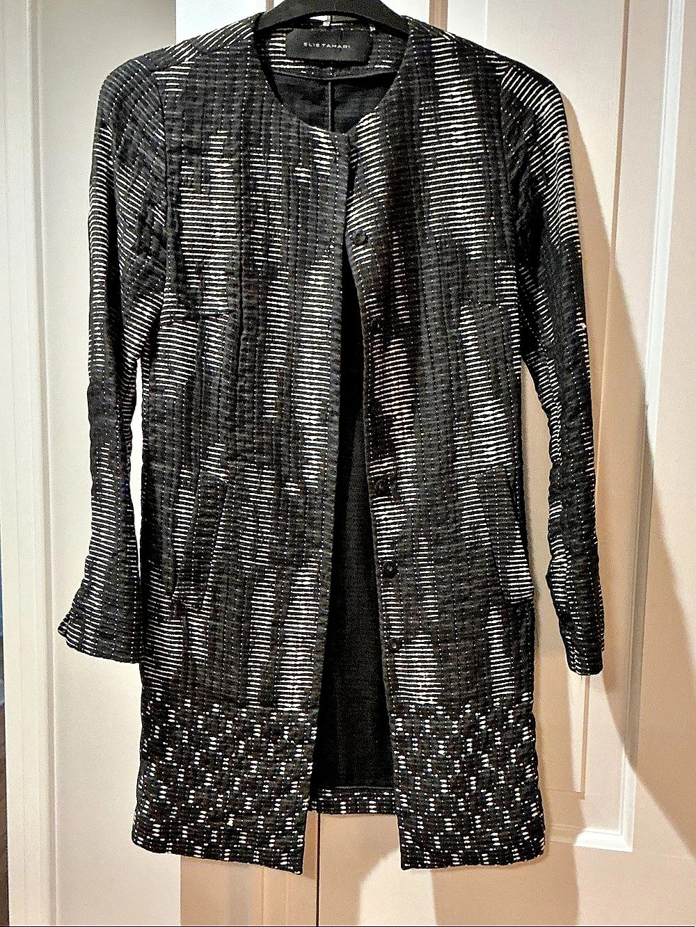 Elie Tahari Black Metallic Striped Long Jacket